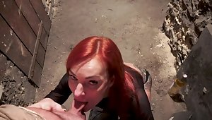 Mom redhead sucks & fucks in a dark cellar