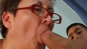 Horny mature slut Zsuzsanna with red glasses can't resist to fuck with two men
