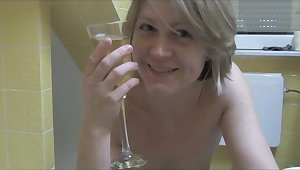 Worthless dumb German blonde cunt drinking her own piss